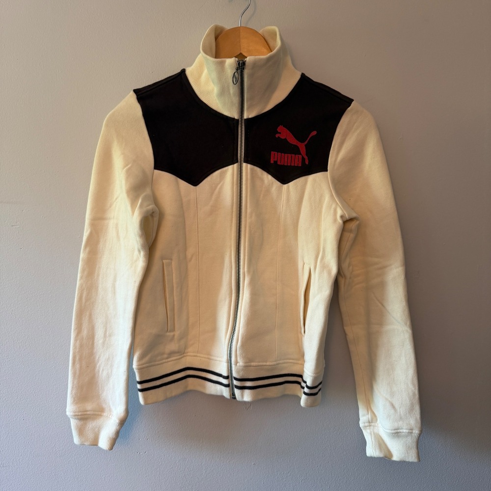 Puma Womens Track Jacket Cream Black Red Logo Full Zip Funnel Neck XS